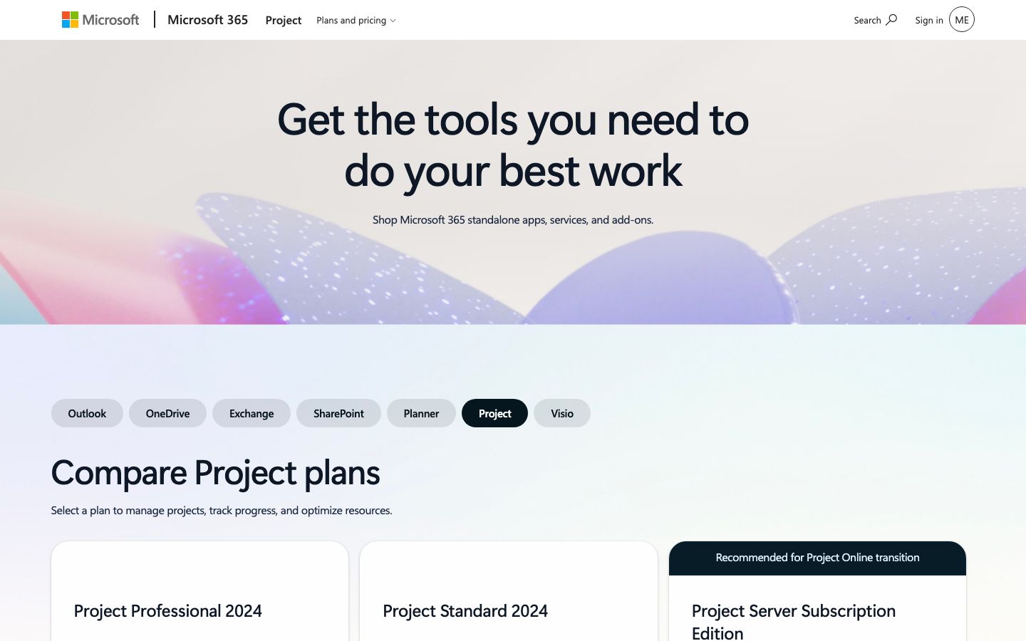Screenshot of the MS Project website